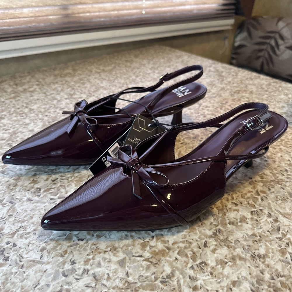 Madden NYC Burgundy Pointed Toe Leather Bow Mule Heels Buckle Strap Women 10
